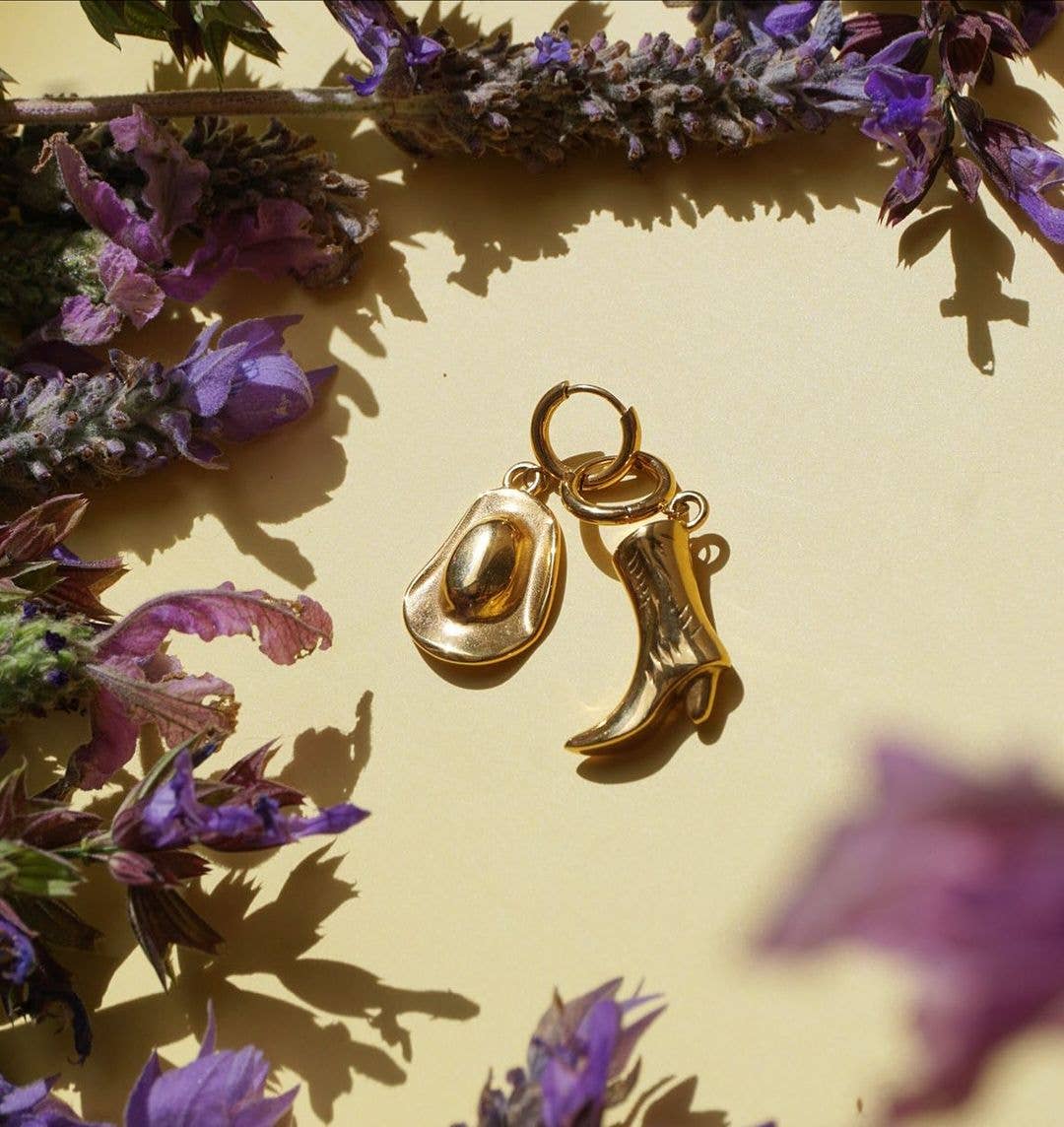 18k Gold Plated Cowboy Boot & Hat Huggie Earrings - Image 2
