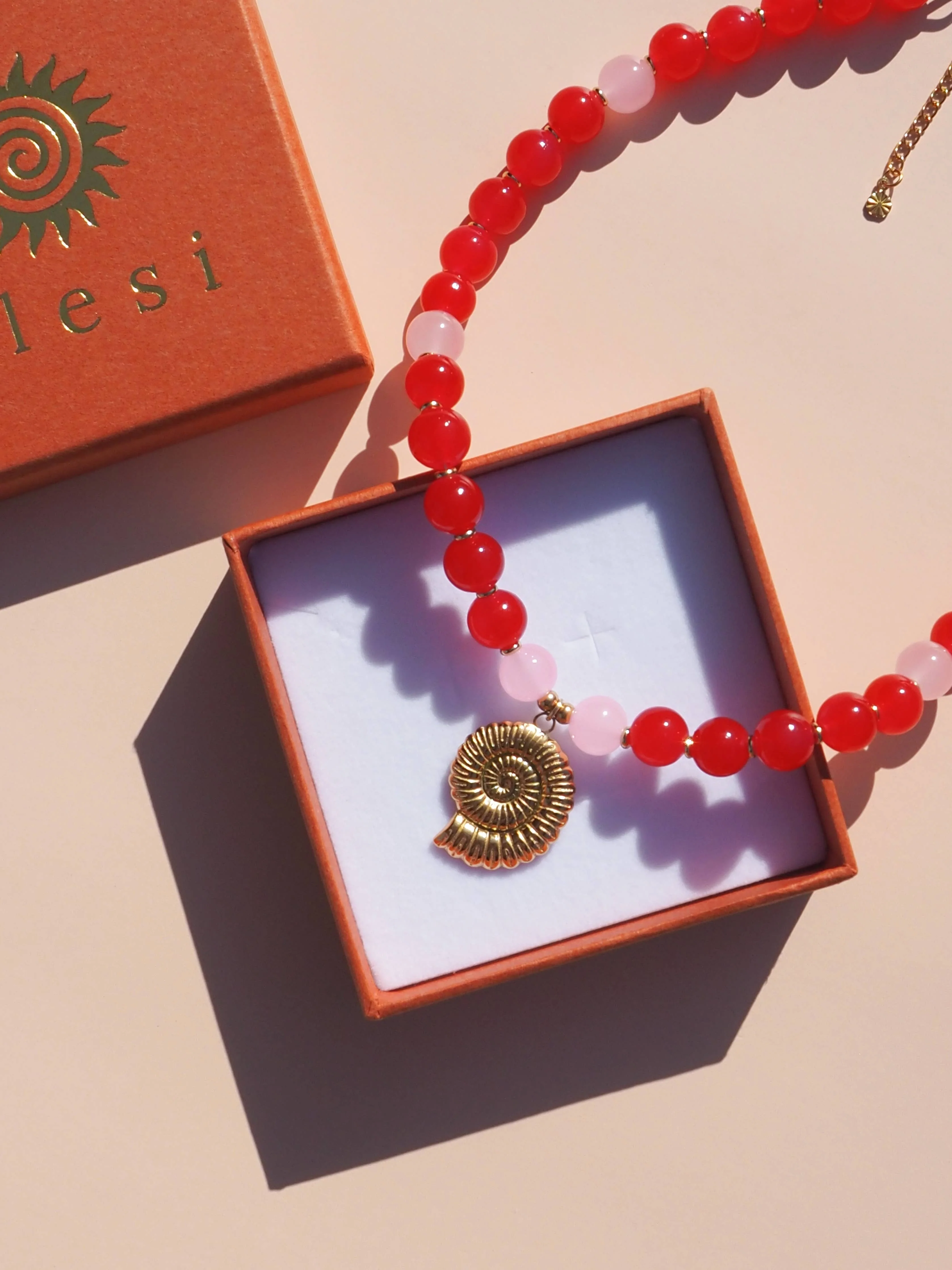 Spiral Shell Red & Pink Beaded Necklace : Silver / 16" - Image 2