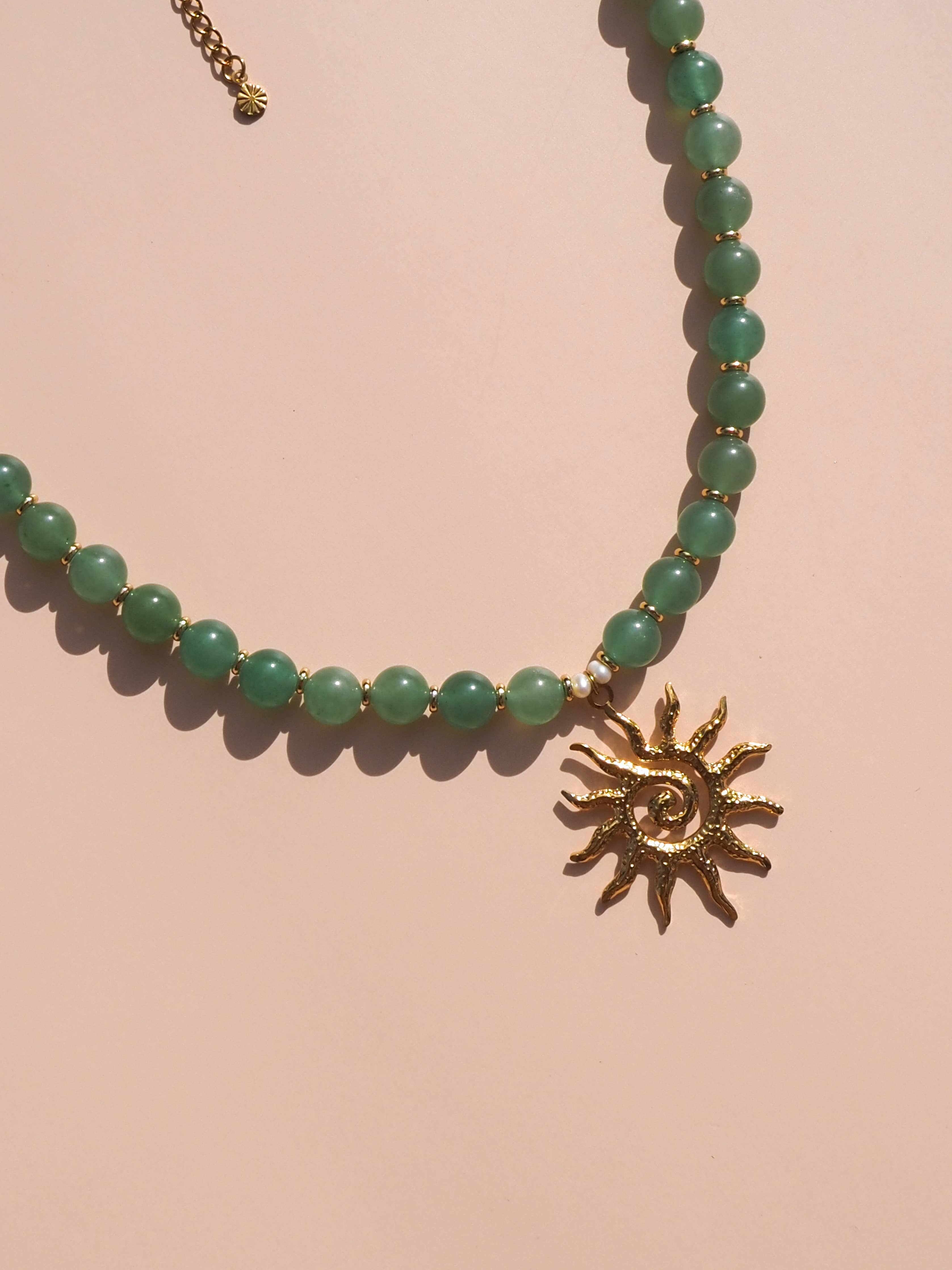 Spiral Sun Green Aventurine Natural Gemstone Beaded Necklace: 16" / (Silver) Stainless Steel - Image 4
