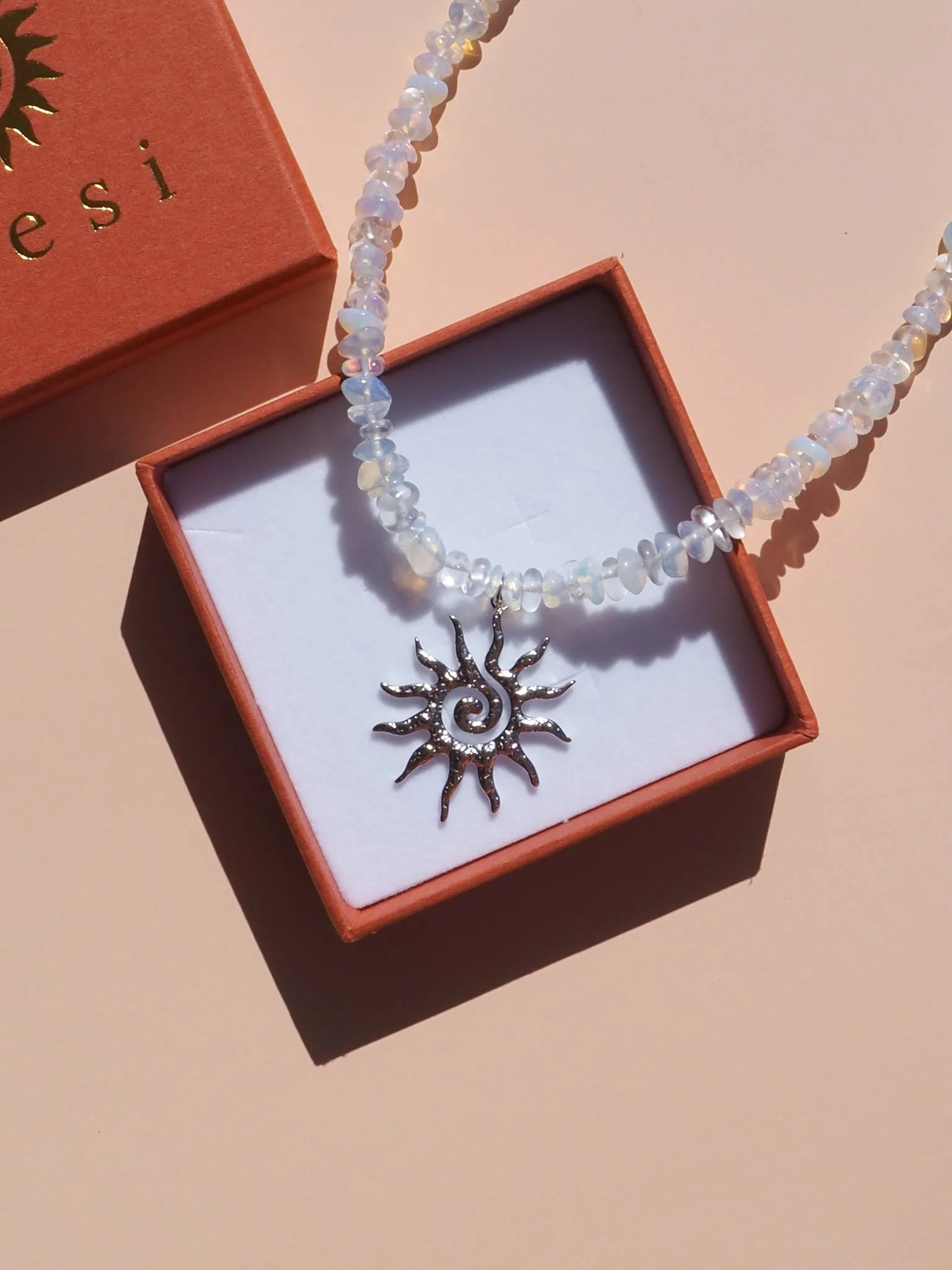 Spiral Sun Opalite Gemstone Necklace: (Silver) Stainless Steel