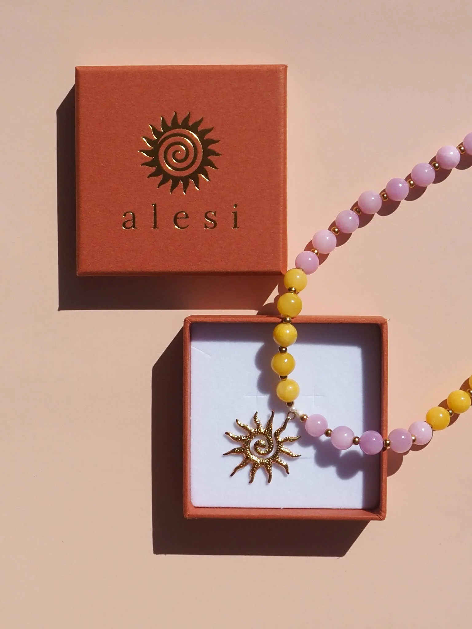Spiral Sun Pink and Yellow Beaded Gemstone Necklace : (Gold) 18K Gold over Stainless Steel - Image 4
